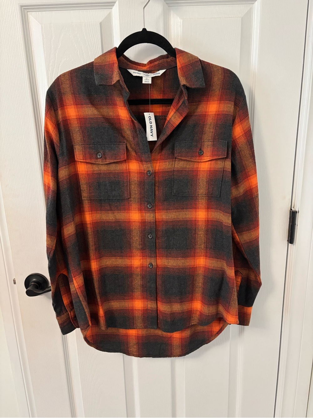 Old Navy Black and Orange Plaid Button-Up Shirt